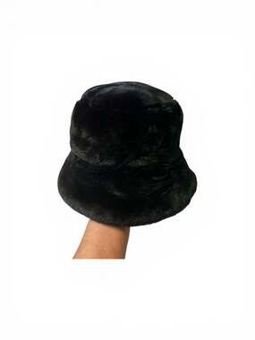 Vintage Black Faux Fur Bucket Hat with Quilted Lining